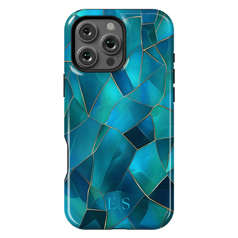 Custom Initials Blue Abstract Stained Glass iPhone Case